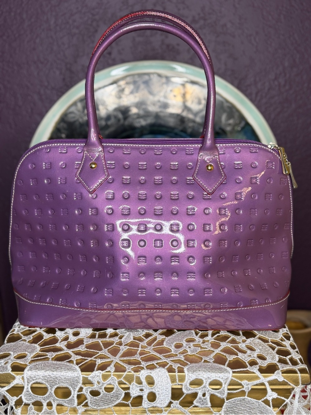 VTG Arcadia Italian Leather Purple Patent Dome Satchel Handbag - Women